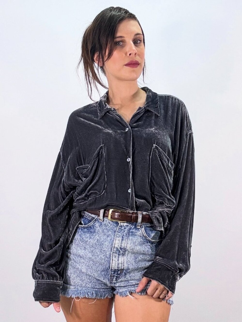 Vintage 90s Silk Rayon Velvet Oversized Button Up Blouse